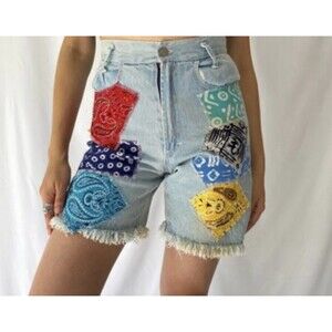 90s Vintage Colorful PatchworkHigh Waist Blue Denim Shorts Ramie  Sz 14  24